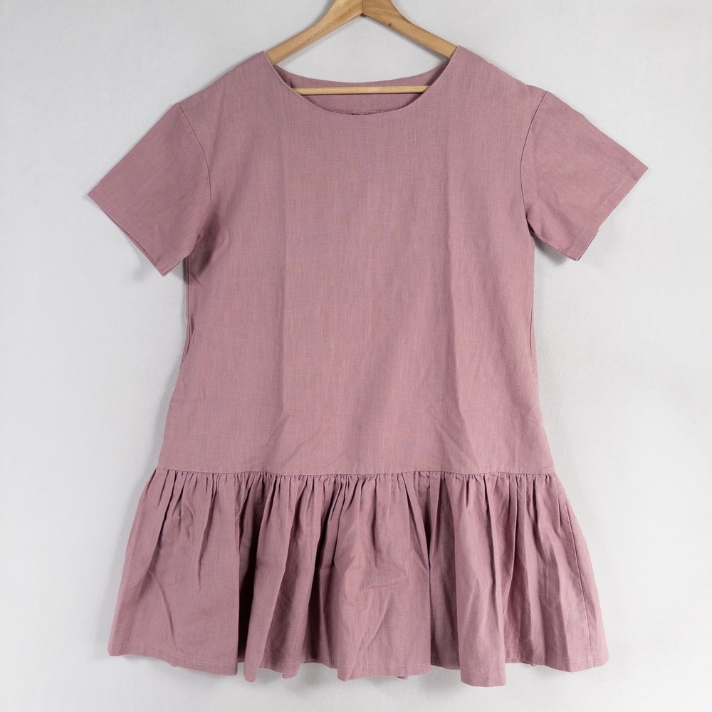 Le Muse Dress Sz Large Purple Shift Ruffle Hem Pockets Linen Mini Short Sleeve